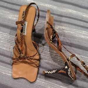 Miista Snakeskin Strappy Heels in Brown and Black